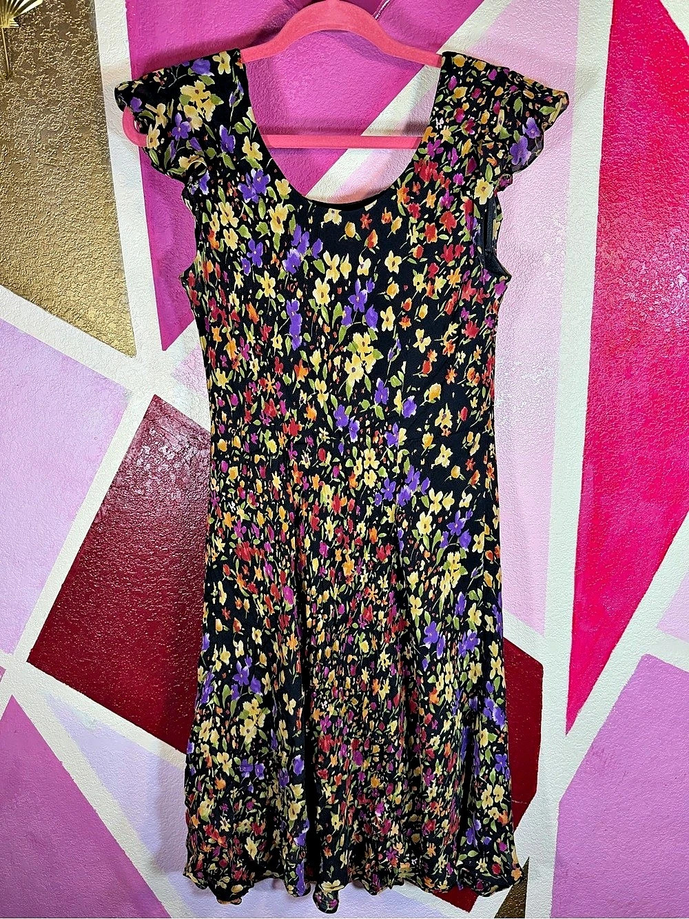 Talbots Petites 12 Pure Silk Floral Midi Dress Flutter Sleeve Ruffle Hem Black